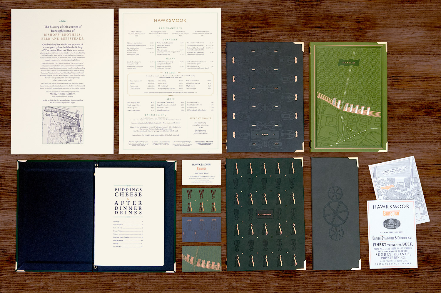 Menu suite and marketing collateral for Hawksmoor Borough by Saint Design