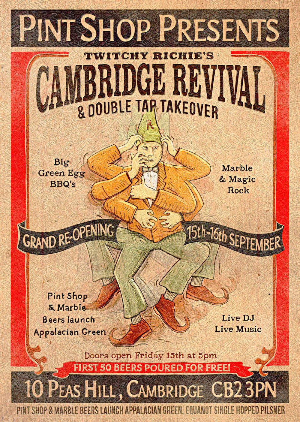 Vintage styled poster of a jester character for Pint Shop in Cambridge, illustrated by SAINT Design.
